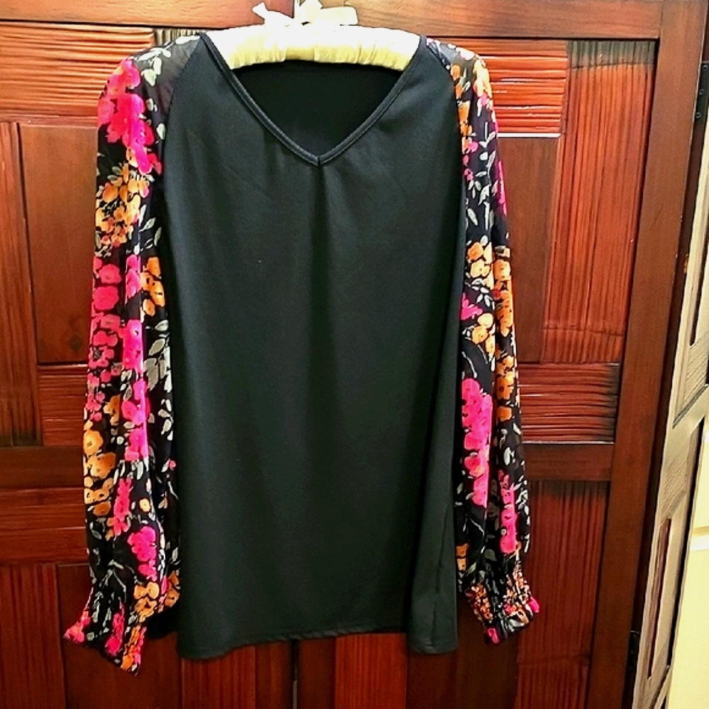 Black Top with Pink & Beige Floral Sleeves